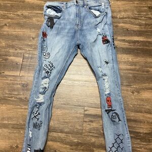 Lure Graphic Jeans Tapered Skinny 36W Ripped Stone Wash Low Rise